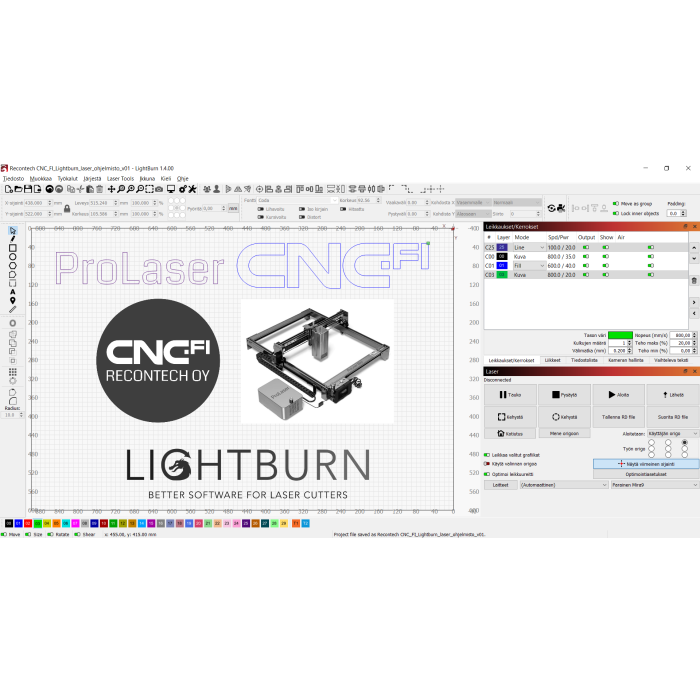 Lightburn on erittäin helppokäyttöinen ja monipuolinen laserleikkureiden käyttöohjelmisto (myös suomenkielinen). 