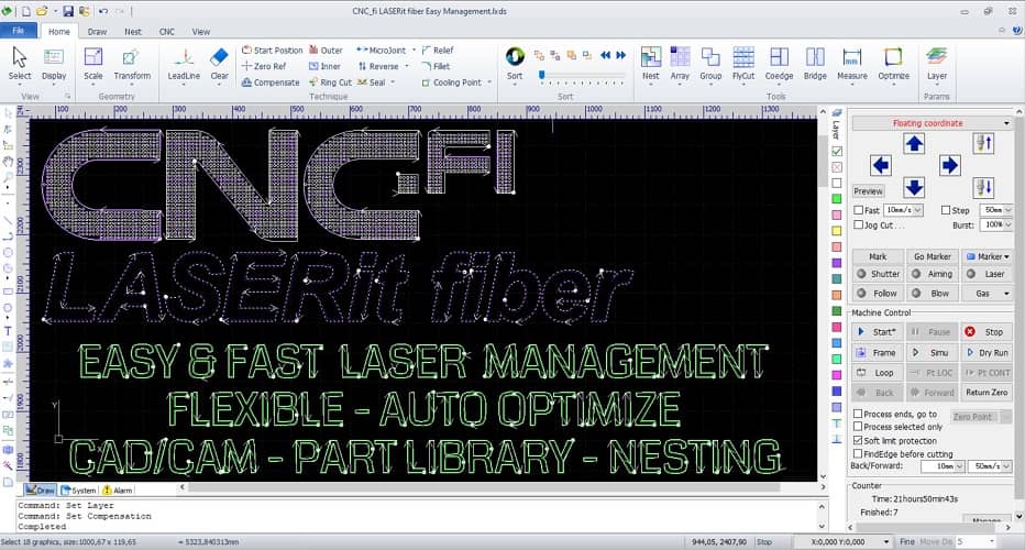 LASERit fiber L:n CAM/CAD hallintaohjelmisto, jossa on valmiit leikkausparametrit tarvitsemillenne metallityypeille ja paksuuksille. Leikattavien osien kuvat voidaan siirtää suoraan ohjelmistoon esim. DXF ja AI-muodossa. 