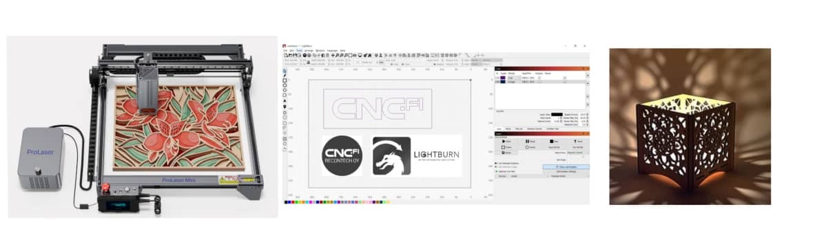 ProLaser Miniin on saatavilla markkinoiden monipuolisin Lightburn -laserleikkureiden käyttöohjelmisto (myös suomenkielinen), joka tukee esim. QR-koodien merkkausta, sarjatuotantovalmistusta ja siinä on  kameravalmius.