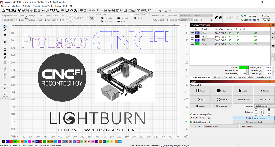 Lightburn on erittäin helppokäyttöinen, monipuolinen ja nopeasti omaksuttava laserleikkureiden käyttöohjelmisto.